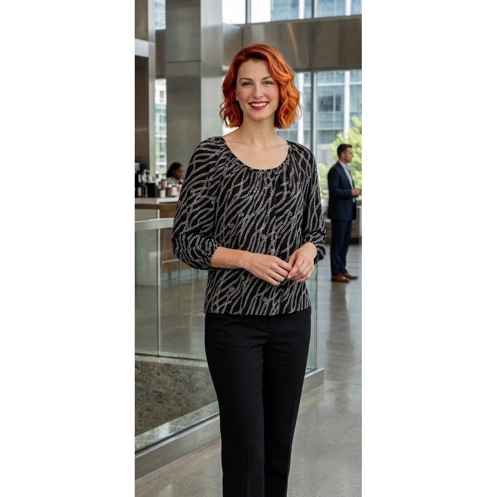 Career Top Classic MK Top L Chain Link Pattern 3/4 Sl Boho Chic Casual Blouse